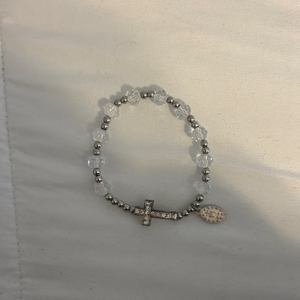 Silver and Clear Beaded Bracelet with Cross Charm